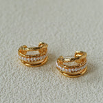 Three-Tier Hammered Gold C Hoop Earrings with Freshwater Pearls - floysun