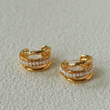 Three-Tier Hammered Gold C Hoop Earrings with Freshwater Pearls - floysun