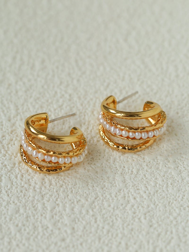 Three-Tier Hammered Gold C Hoop Earrings with Freshwater Pearls - floysun
