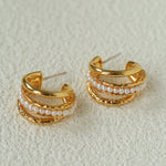 Three-Tier Hammered Gold C Hoop Earrings with Freshwater Pearls - floysun