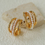 Three-Tier Hammered Gold C Hoop Earrings with Freshwater Pearls - floysun
