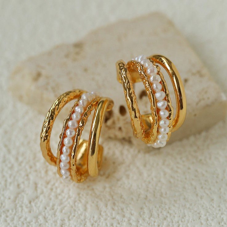 Three-Tier Hammered Gold C Hoop Earrings with Freshwater Pearls - floysun