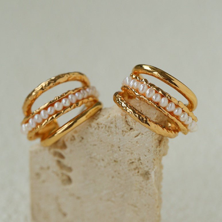 Three-Tier Hammered Gold C Hoop Earrings with Freshwater Pearls - floysun
