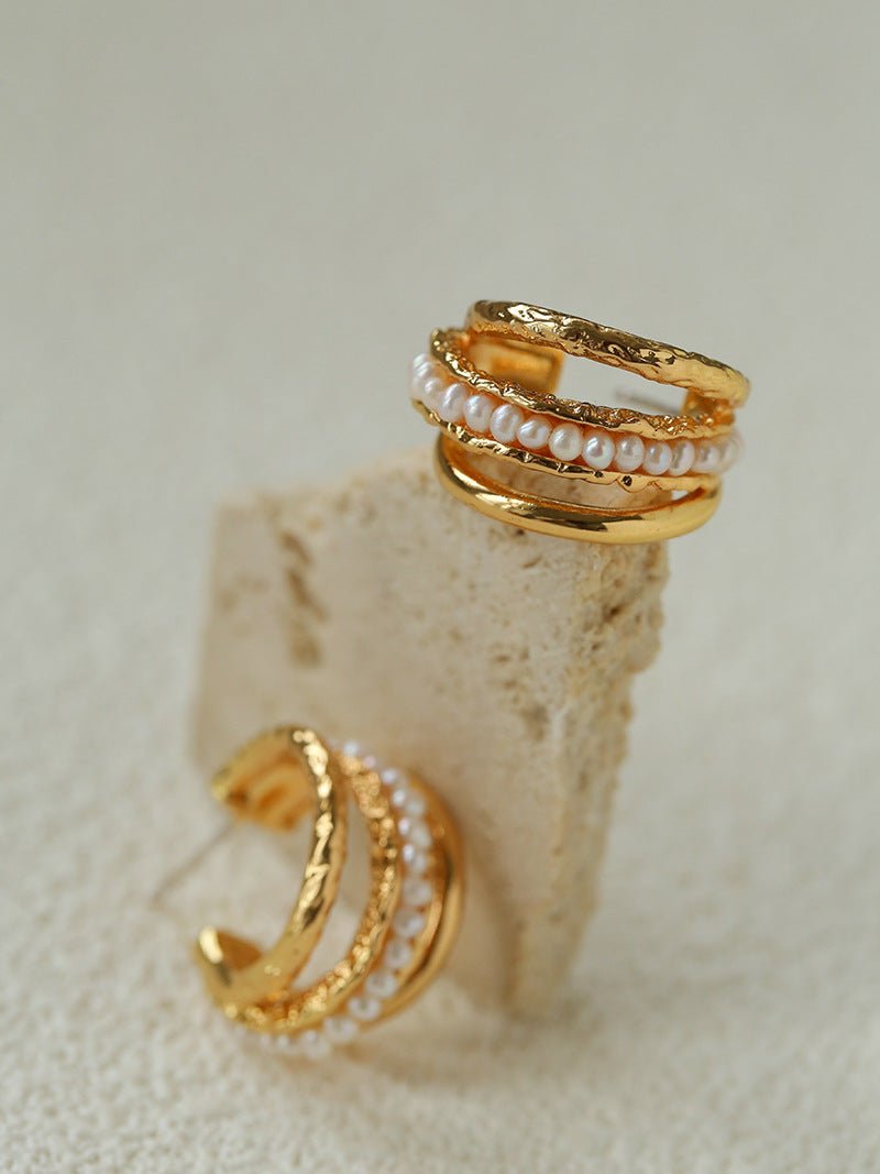 Three-Tier Hammered Gold C Hoop Earrings with Freshwater Pearls - floysun
