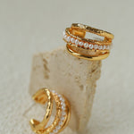 Three-Tier Hammered Gold C Hoop Earrings with Freshwater Pearls - floysun