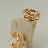 Three-Tier Hammered Gold C Hoop Earrings with Freshwater Pearls - floysun