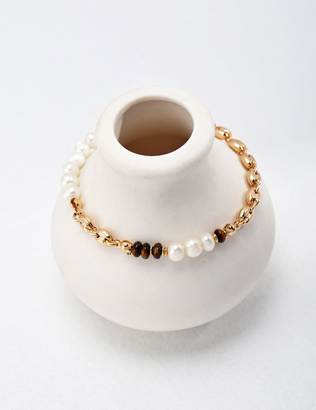Tiger's Eye and Pearl Splicing Gold-Toned Oval Bracelet - floysun