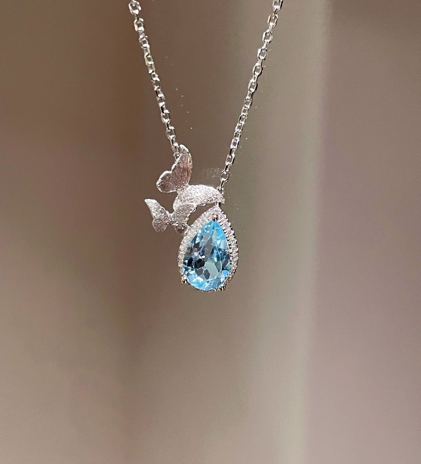 Topaz Waterdrop Pendant Necklace – Butterfly Accent - floysun