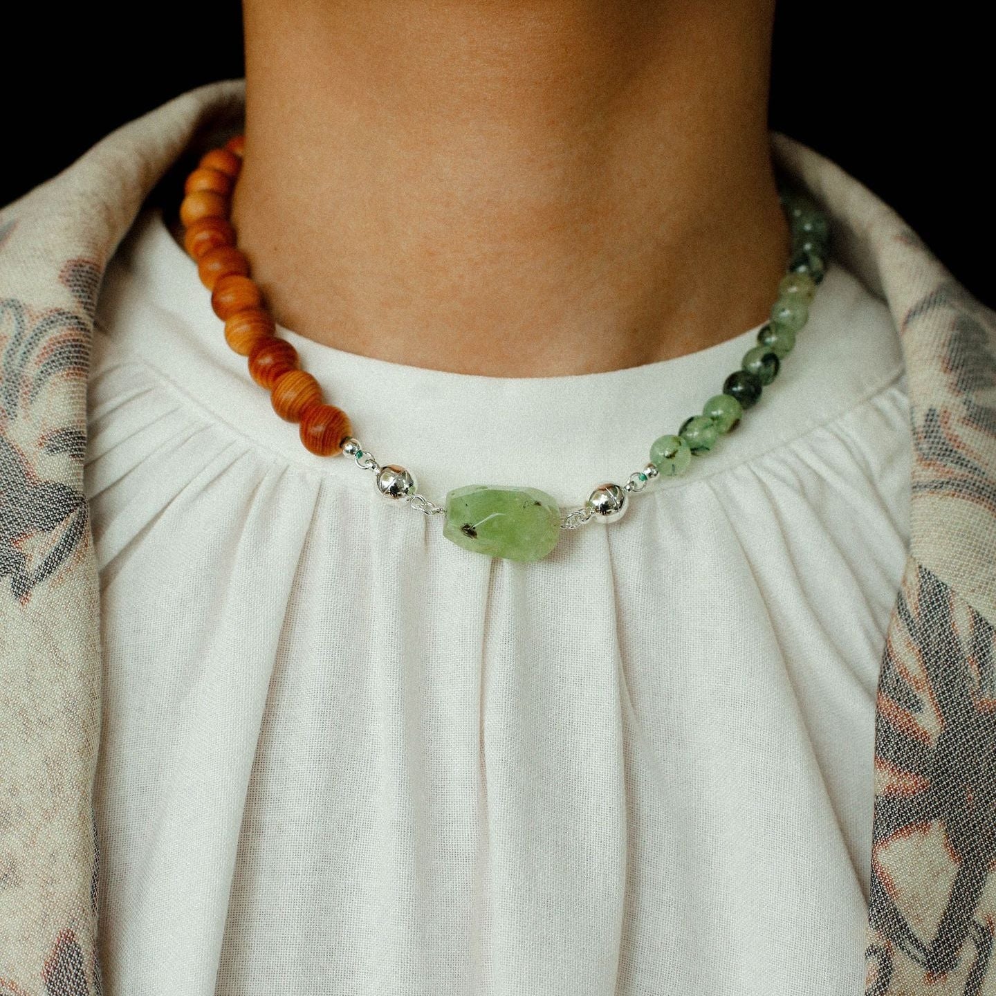Tranquil Green Prehnite & Cypress Wood Convertible Magnetic Beaded Necklace - floysun