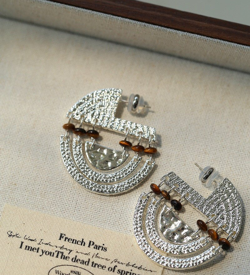 Tribal Echo Totem Stone Hoop Earrings - Silver - floysun