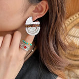 Tribal Echo Totem Stone Hoop Earrings - Silver - floysun