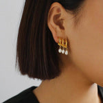 Triple Hoop Grape Pearl Stud Earrings - Gold - floysun