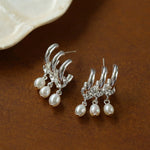 Triple Hoop Grape Pearl Stud Earrings - Silver - floysun