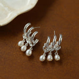 Triple Hoop Grape Pearl Stud Earrings - Silver - floysun