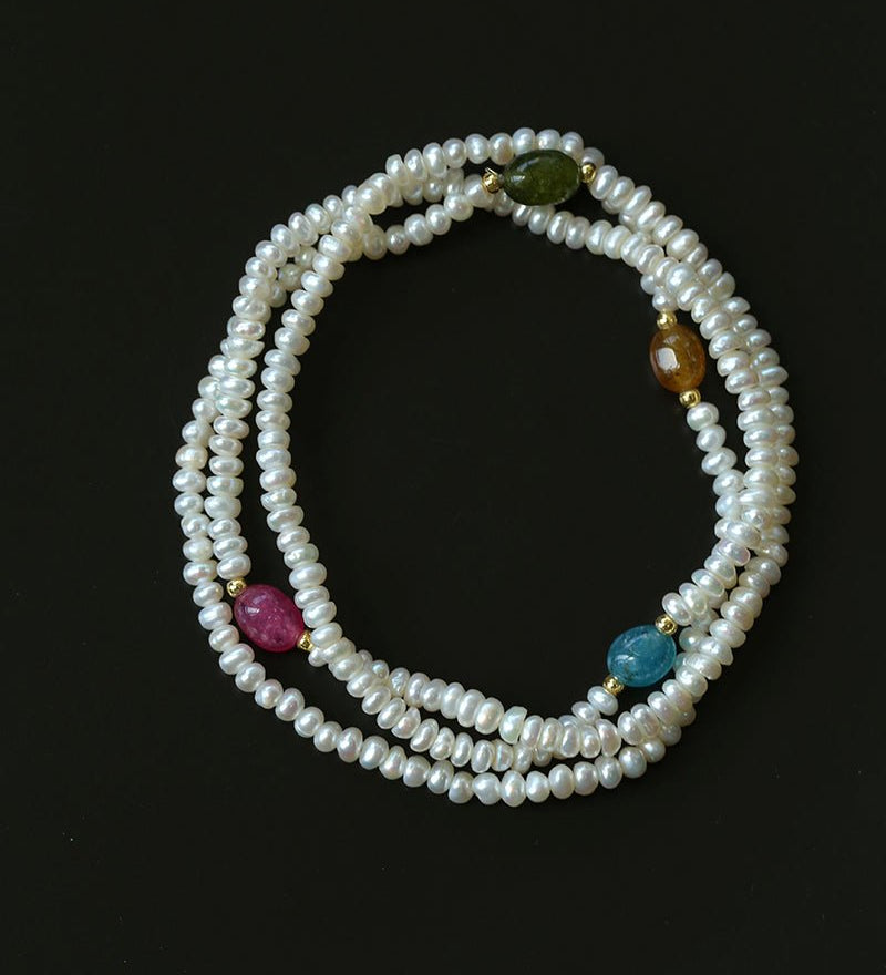 Triple - Layer Natural Pearl & Color Stone Beaded Bracelet - floysun
