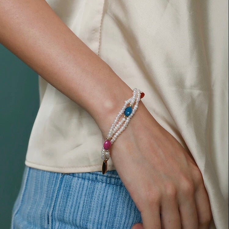 Triple - Layer Natural Pearl & Color Stone Beaded Bracelet - floysun