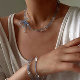 Triple - Strand Sea Salt Blue Bracelet - Clear Quartz & Crystal Layering Piece - floysun
