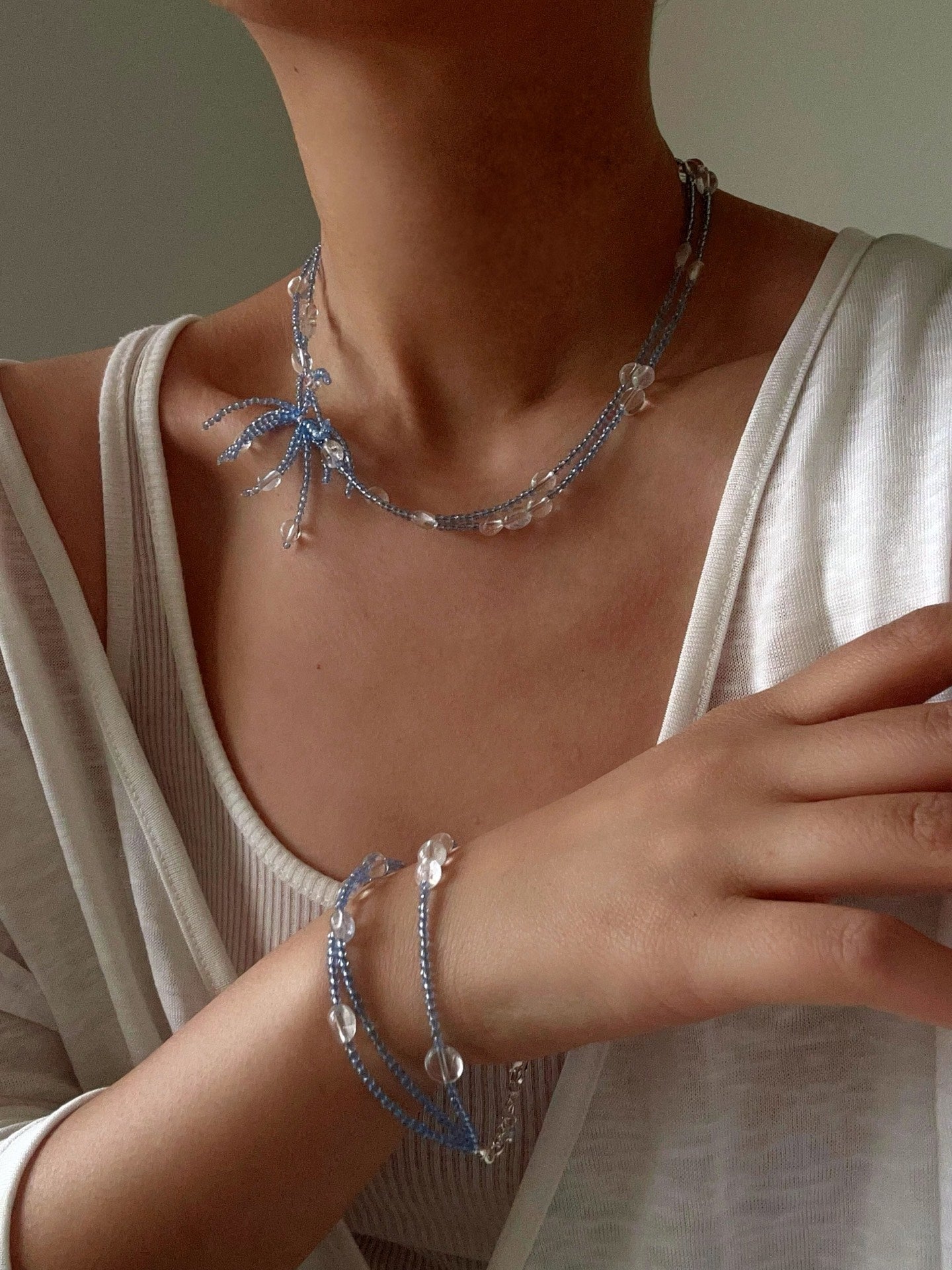 Triple - Strand Sea Salt Blue Bracelet - Clear Quartz & Crystal Layering Piece - floysun