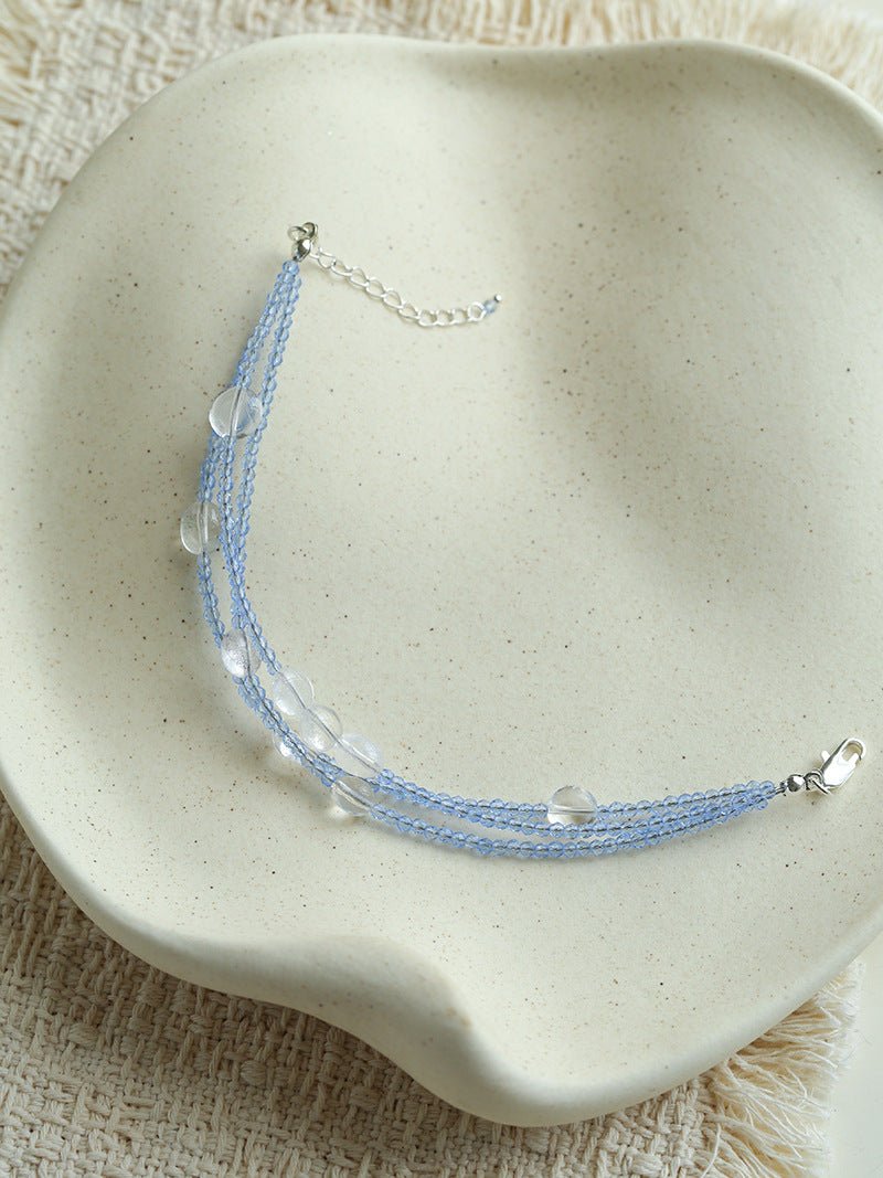 Triple - Strand Sea Salt Blue Bracelet - Clear Quartz & Crystal Layering Piece - floysun