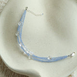 Triple - Strand Sea Salt Blue Bracelet - Clear Quartz & Crystal Layering Piece - floysun