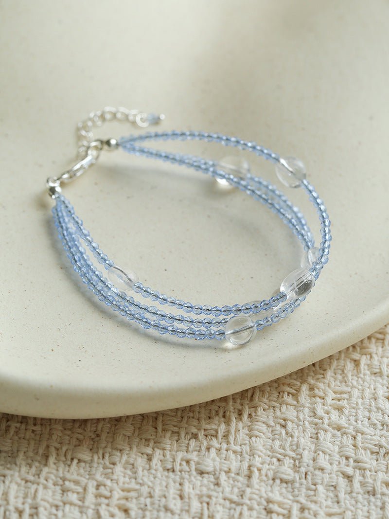 Triple - Strand Sea Salt Blue Bracelet - Clear Quartz & Crystal Layering Piece - floysun