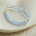 Triple - Strand Sea Salt Blue Bracelet - Clear Quartz & Crystal Layering Piece - floysun