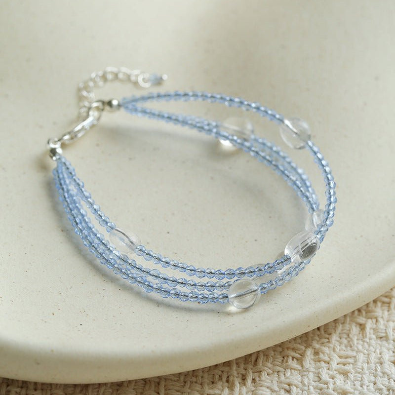 Triple - Strand Sea Salt Blue Bracelet - Clear Quartz & Crystal Layering Piece - floysun