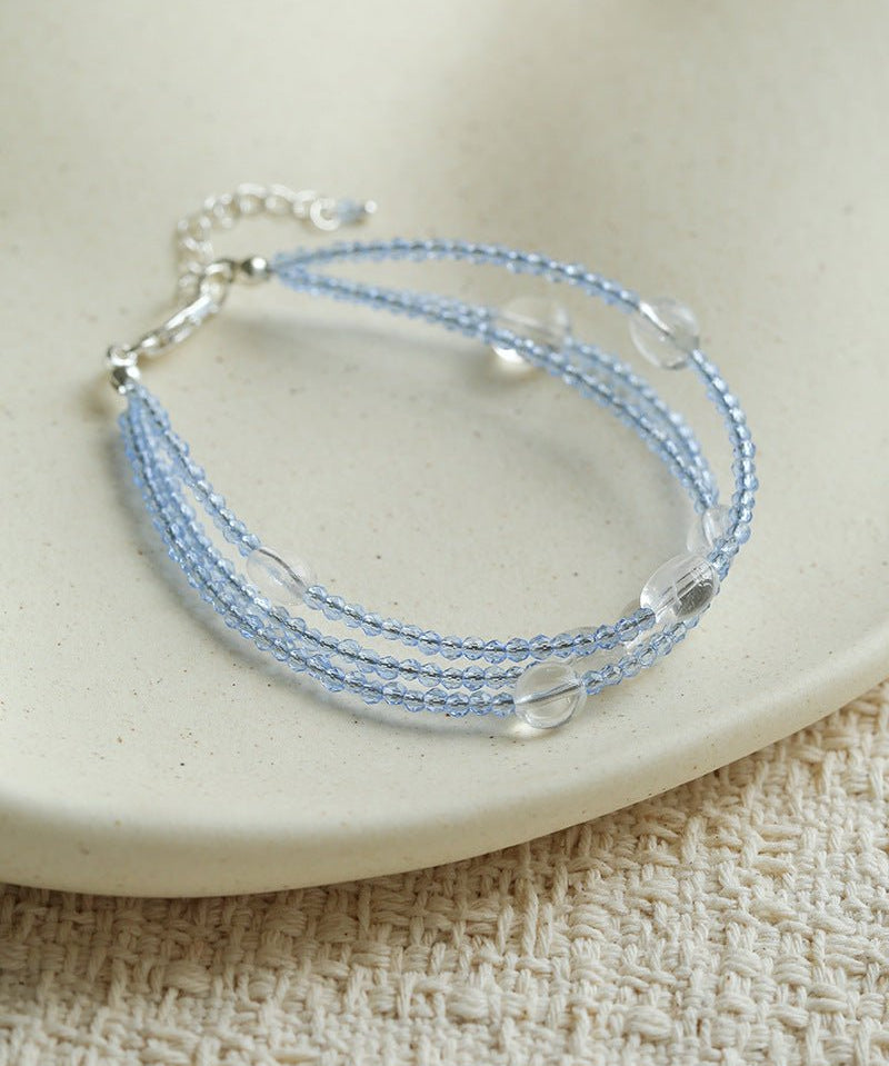 Triple - Strand Sea Salt Blue Bracelet - Clear Quartz & Crystal Layering Piece - floysun