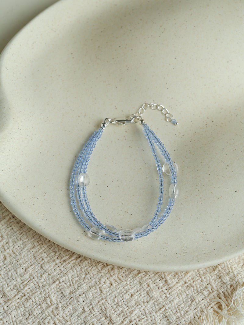 Triple - Strand Sea Salt Blue Bracelet - Clear Quartz & Crystal Layering Piece - floysun