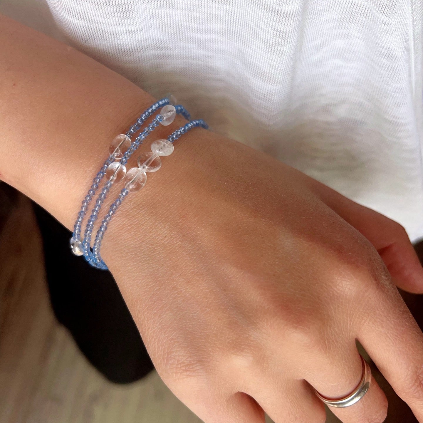 Triple - Strand Sea Salt Blue Bracelet - Clear Quartz & Crystal Layering Piece - floysun