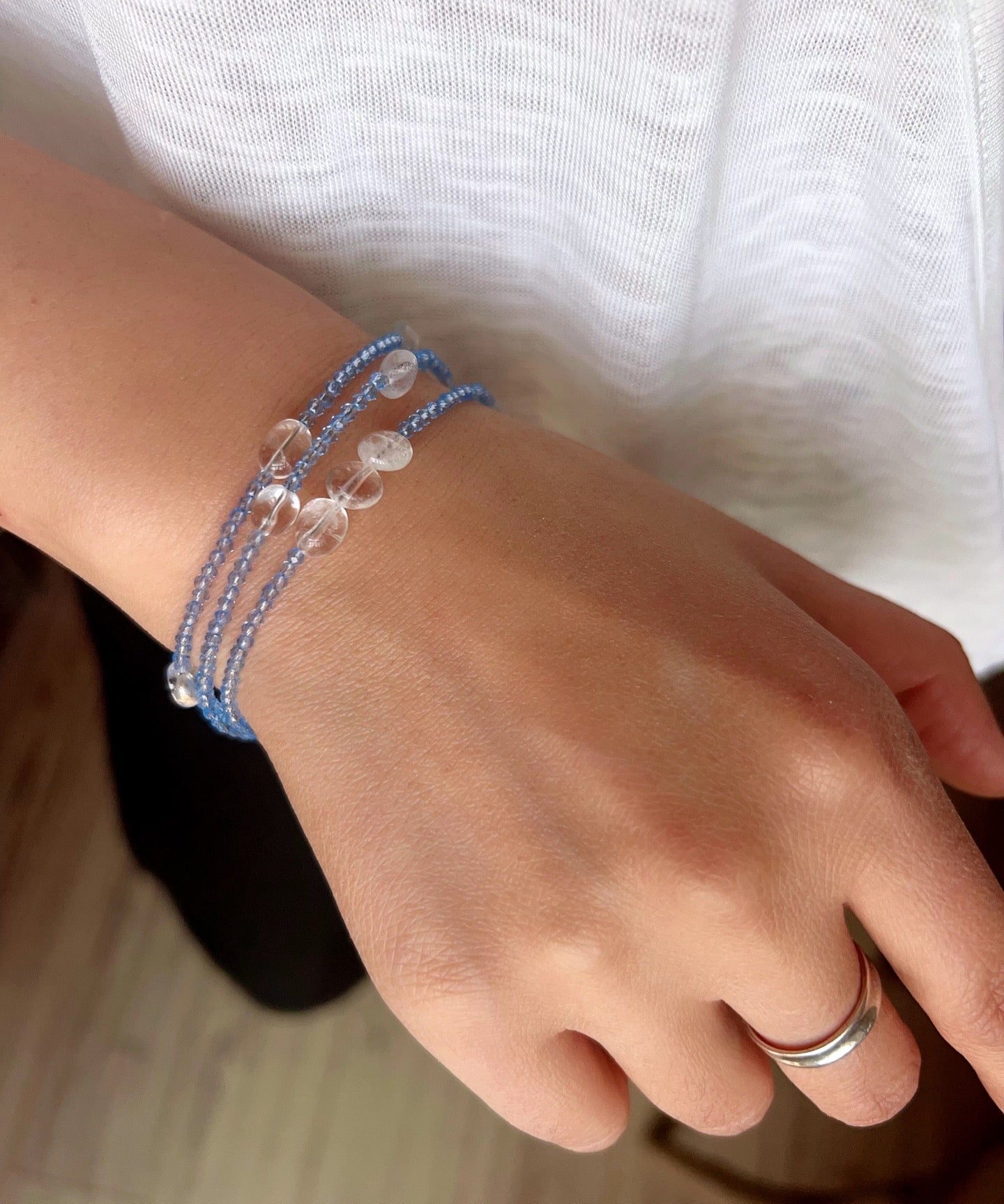 Triple - Strand Sea Salt Blue Bracelet - Clear Quartz & Crystal Layering Piece - floysun