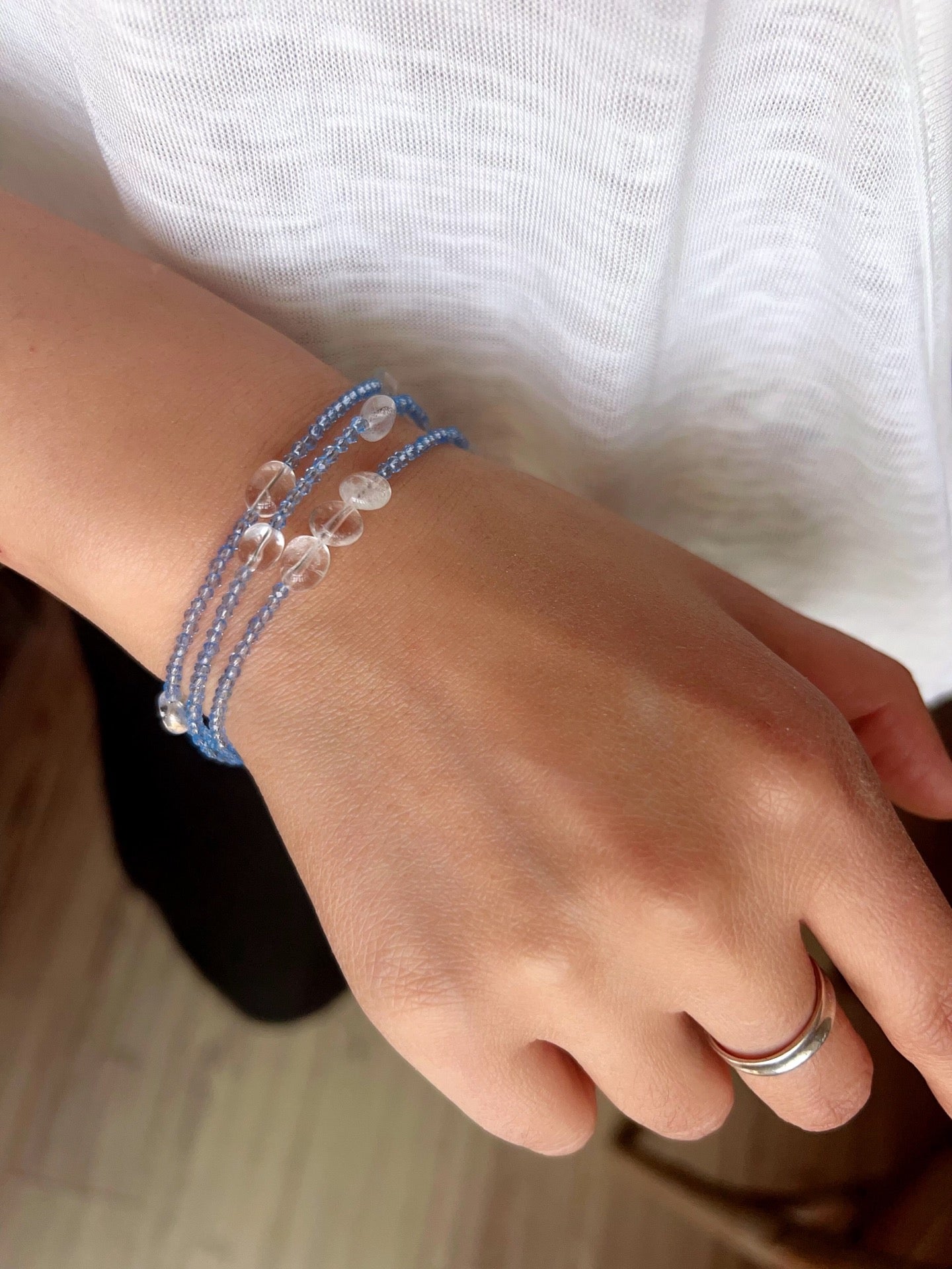 Triple - Strand Sea Salt Blue Bracelet - Clear Quartz & Crystal Layering Piece - floysun