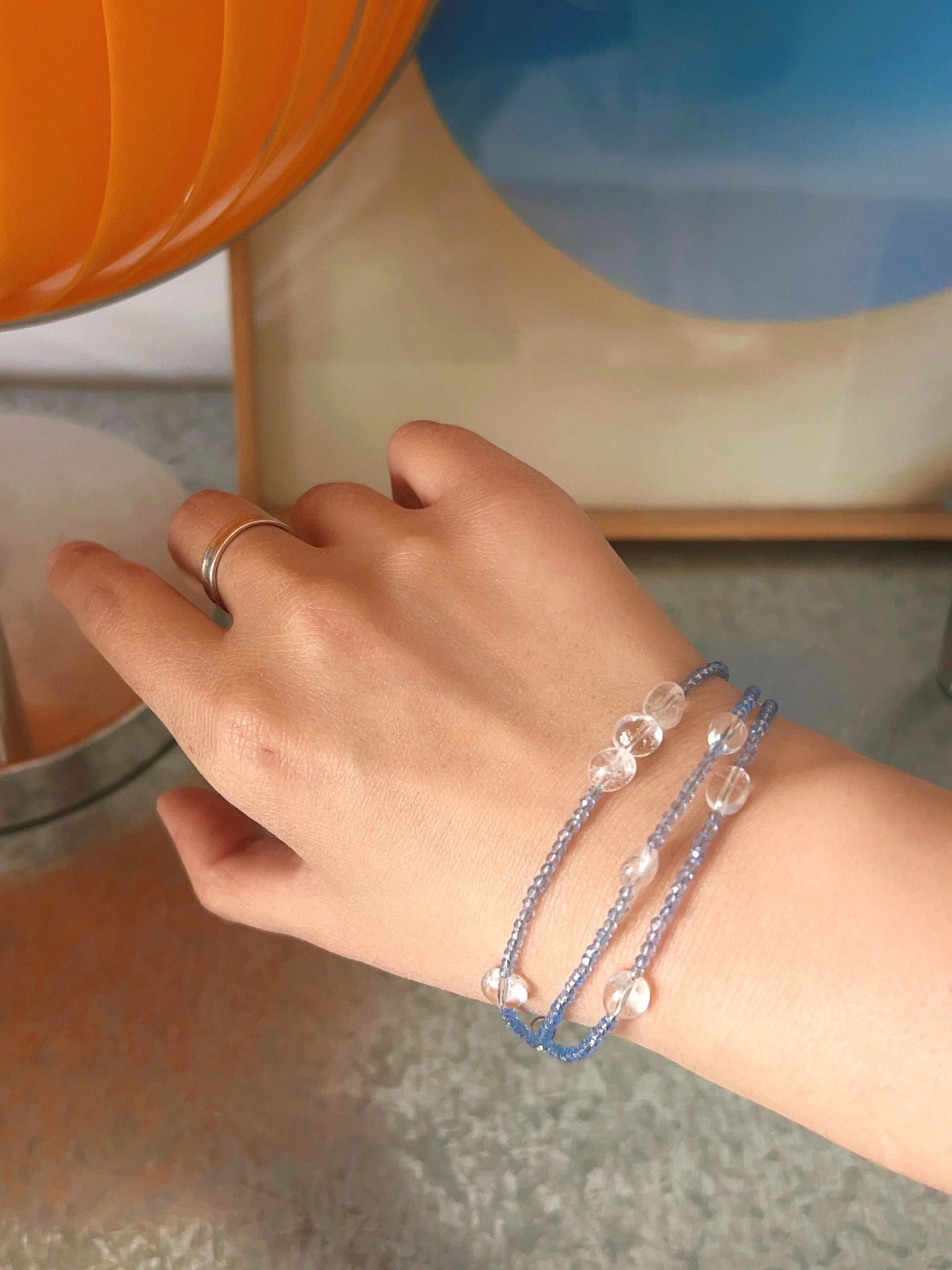 Triple - Strand Sea Salt Blue Bracelet - Clear Quartz & Crystal Layering Piece - floysun