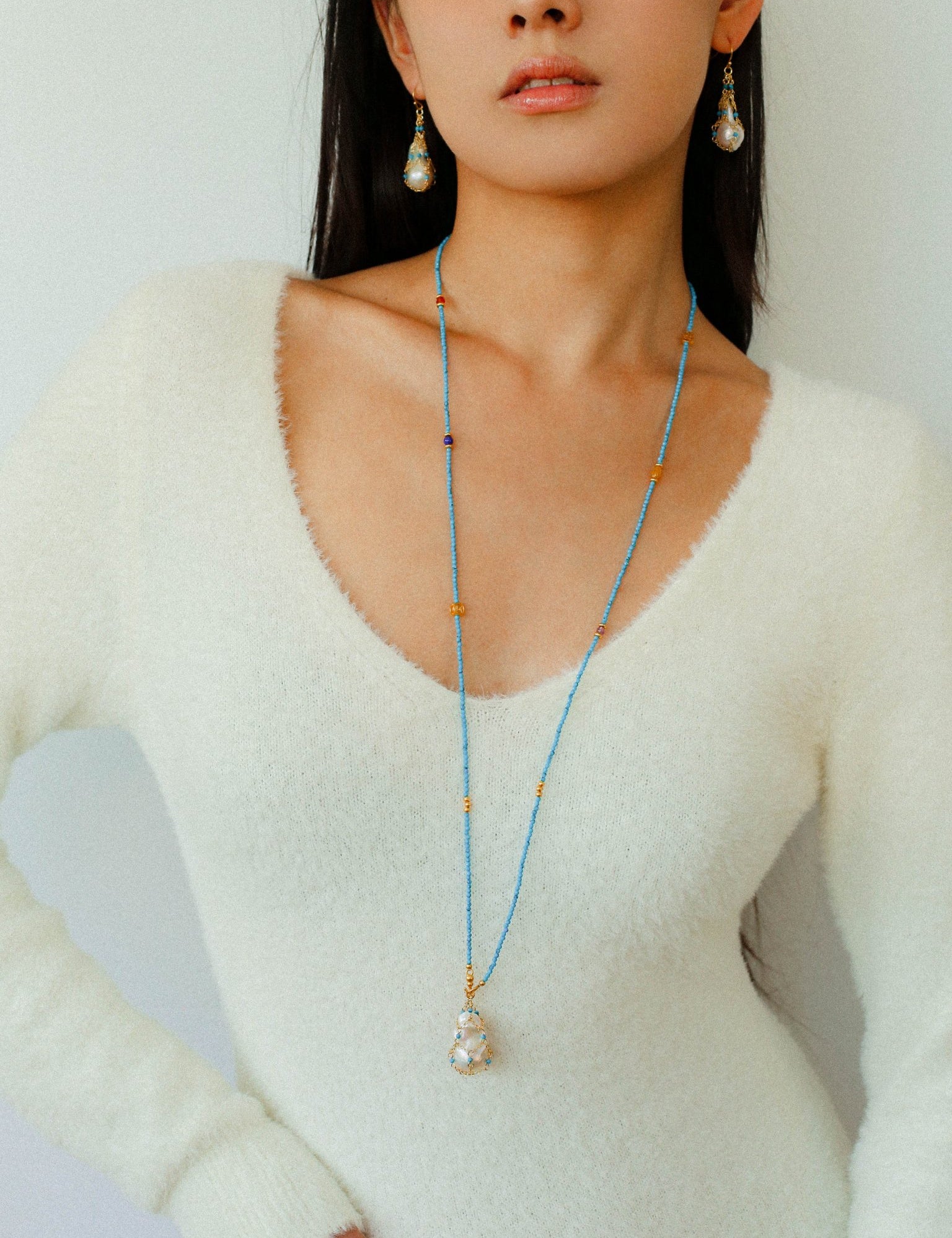 Turquoise & Baroque Pearl Pendant Net Necklace - floysun