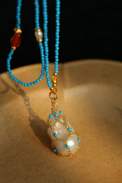 Turquoise & Baroque Pearl Pendant Net Necklace - floysun