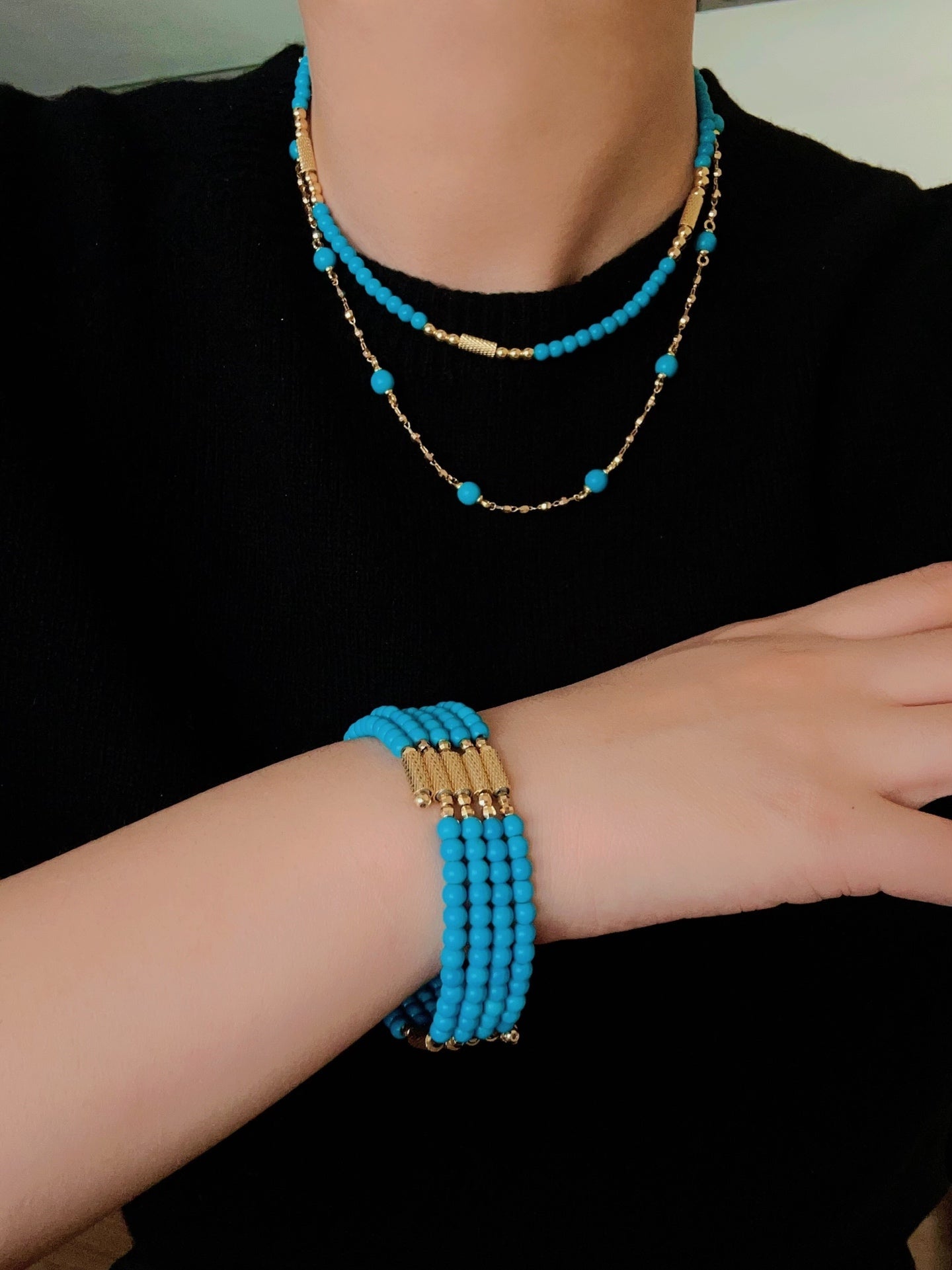 Turquoise Beaded Bracelet with Gold Chain | Starry Sky Minimal Charm - floysun