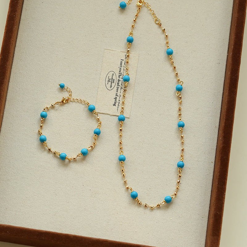 Turquoise Beaded Bracelet with Gold Chain | Starry Sky Minimal Charm - floysun