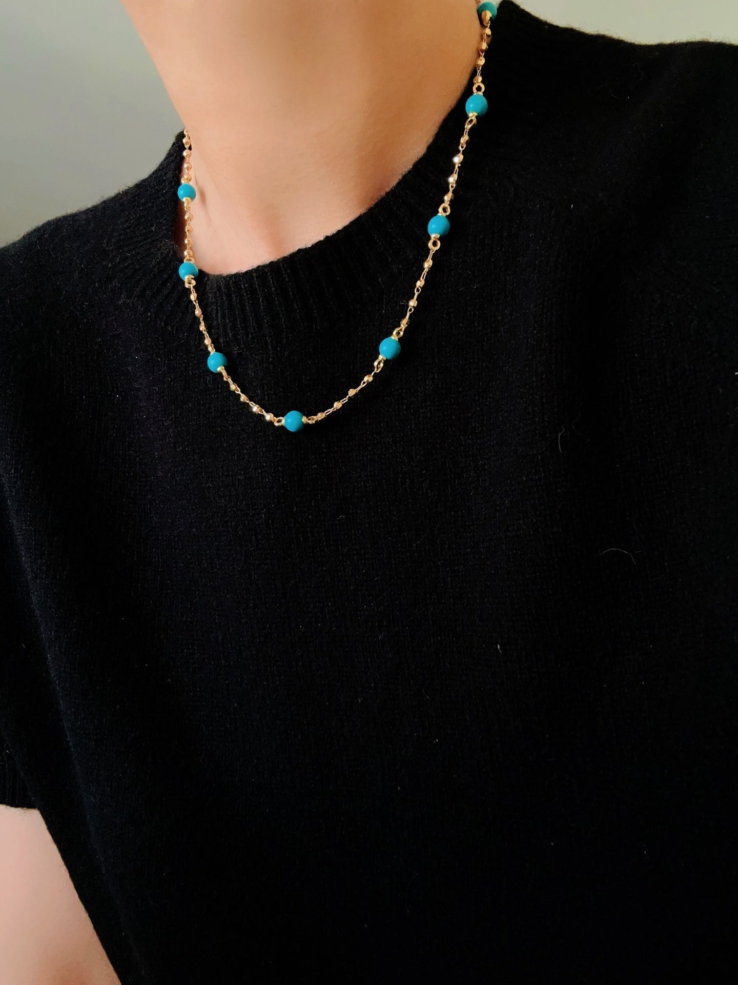 Turquoise Beaded Necklace with Gold Chain | Starry Sky Delicate Style - floysun