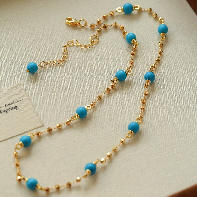 Turquoise Beaded Necklace with Gold Chain | Starry Sky Delicate Style - floysun