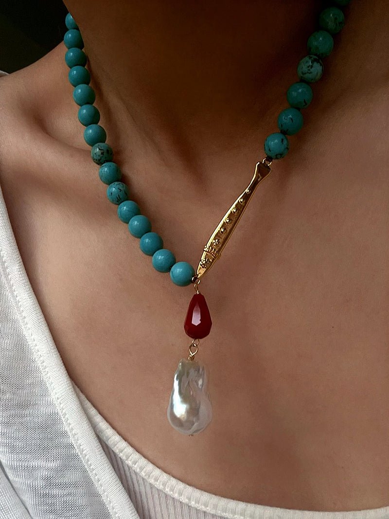 Turquoise Fish Necklace | Bohemian Pearl Pendant Necklace - floysun