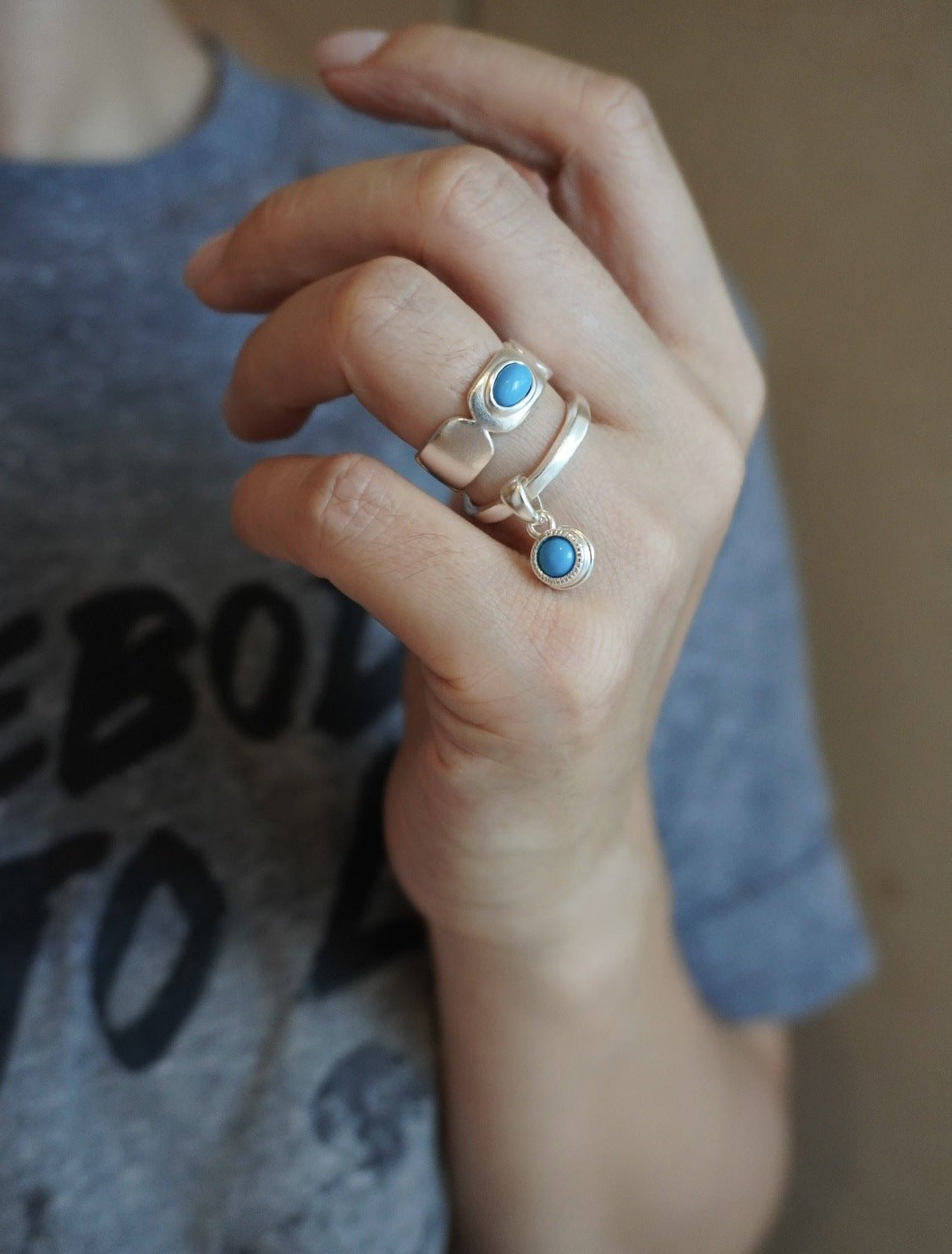 Turquoise Inlay Sterling Silver Geometric Ring - floysun