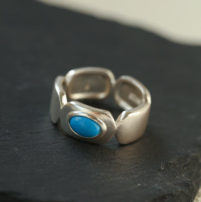 Turquoise Inlay Sterling Silver Geometric Ring - floysun