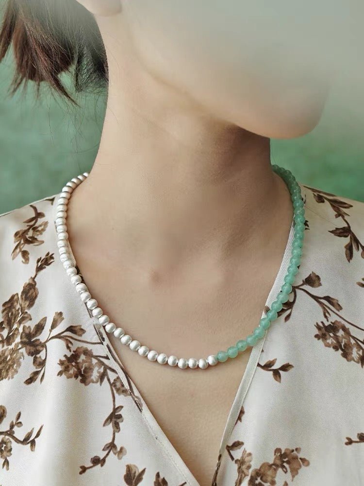 Two-Tone Brushed S925 Silver & Green Aventurine Beaded Necklace - floysun