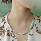 Two-Tone Brushed S925 Silver & Green Aventurine Beaded Necklace - floysun