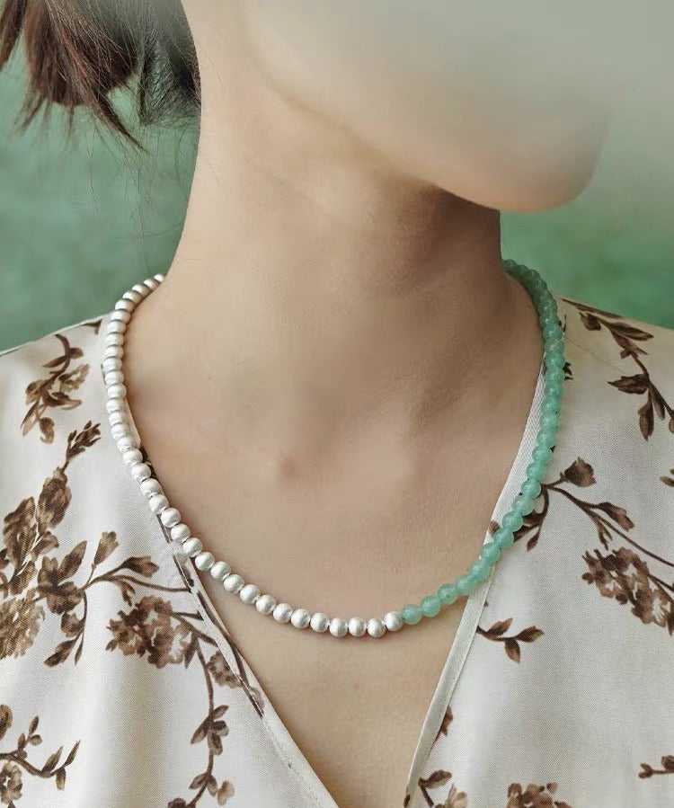 Two-Tone Brushed S925 Silver & Green Aventurine Beaded Necklace - floysun