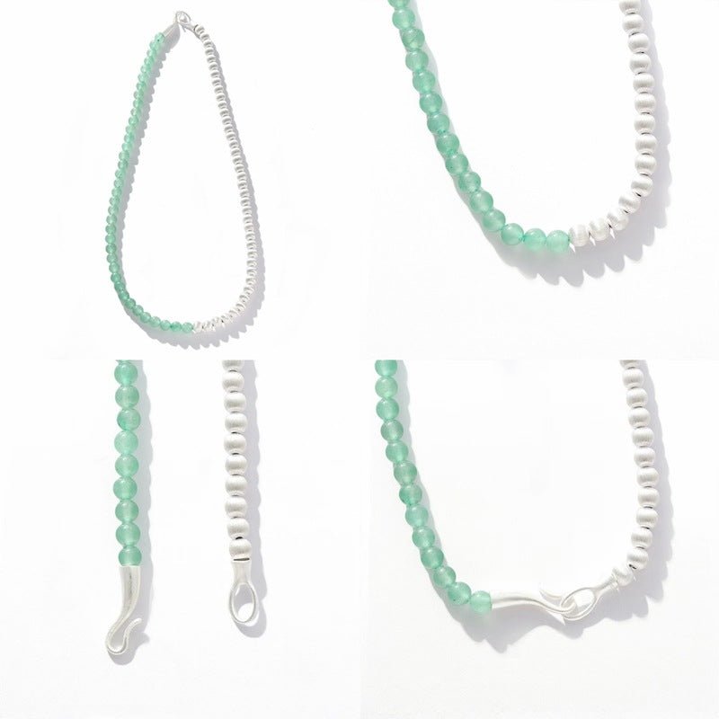 Two-Tone Brushed S925 Silver & Green Aventurine Beaded Necklace - floysun