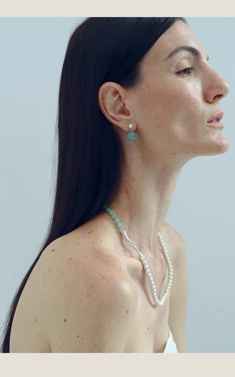 Two-Tone Brushed S925 Silver & Green Aventurine Beaded Necklace - floysun