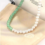 Two-Tone Brushed S925 Silver & Green Aventurine Beaded Necklace - floysun