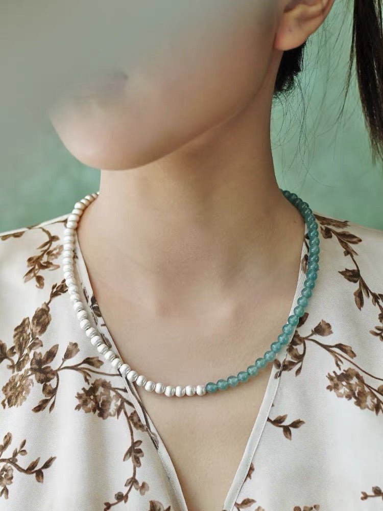Two-Tone Brushed S925 Silver & Green Aventurine Beaded Necklace - floysun
