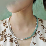 Two-Tone Brushed S925 Silver & Green Aventurine Beaded Necklace - floysun